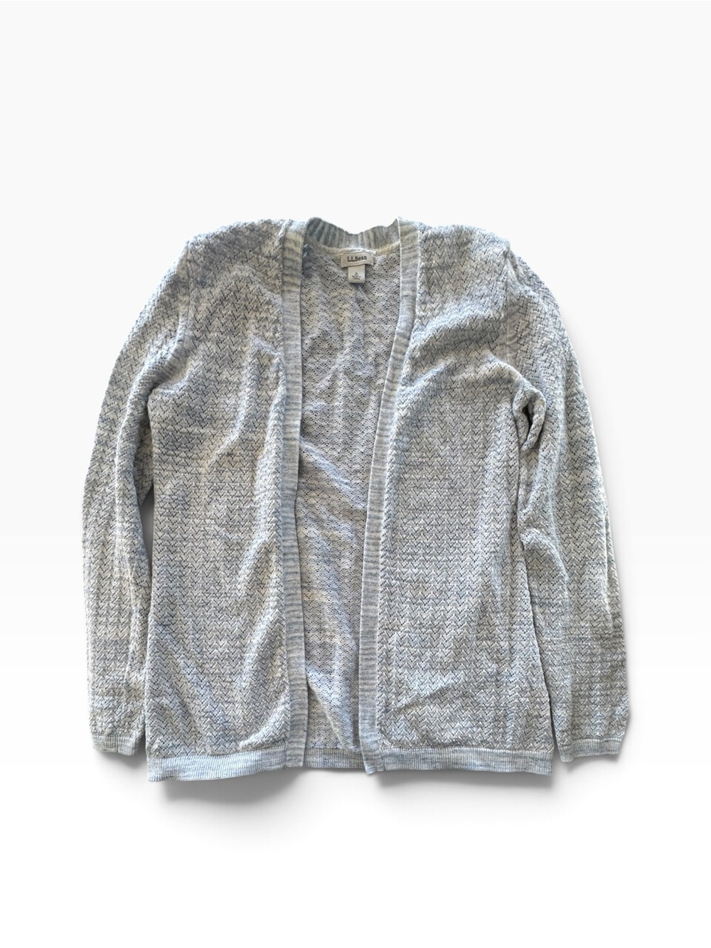 L.L.Bean Women’s SM Open Front Cardigan Gray/blue cotton Pointelle Knit Sweater